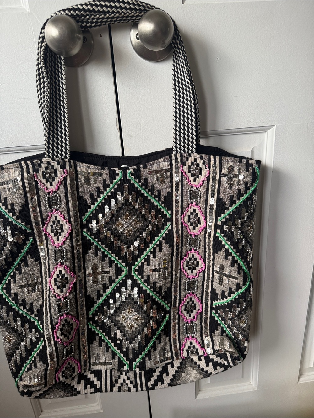 Source Unknown Black, Gray, Pink & Green Embroidered Tote